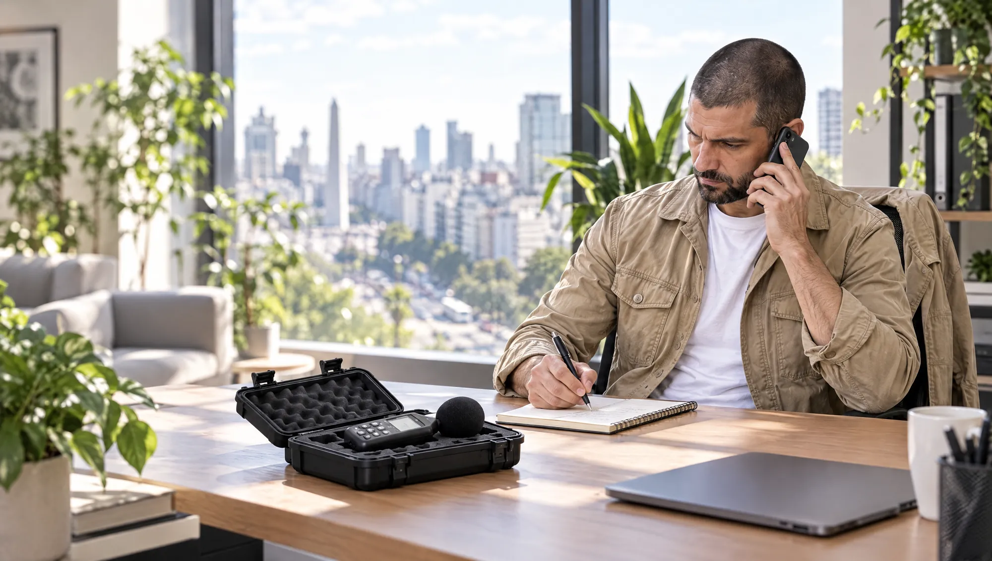 El especialista de Estudio TREO atiende una consulta por teléfono en el estudio y toma nota, con la valija del sonómetro abierta sobre el escritorio