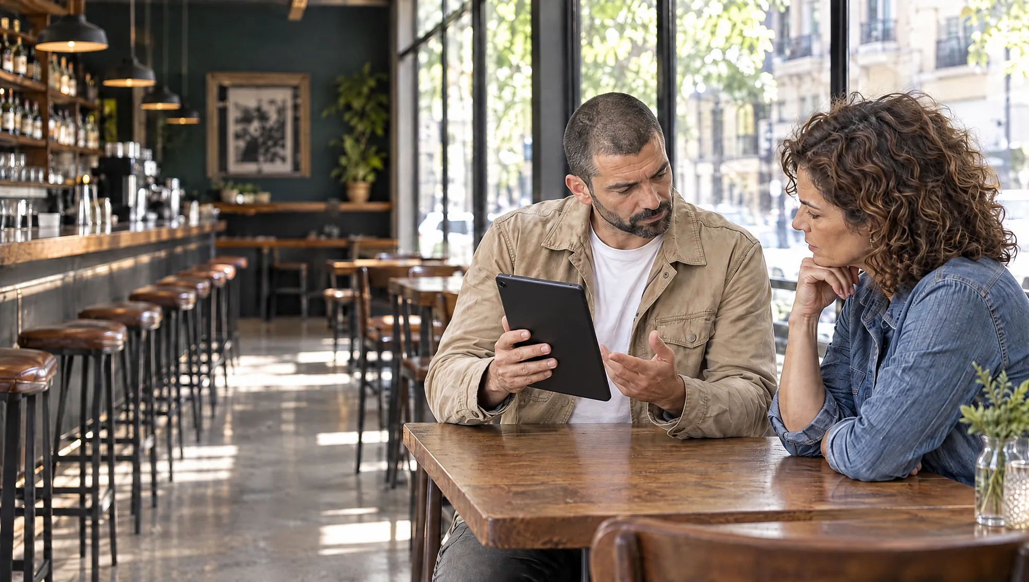 El especialista de Estudio TREO le muestra a la dueña de un bar, en una mesa del salón, la medición en la tablet girada hacia ella